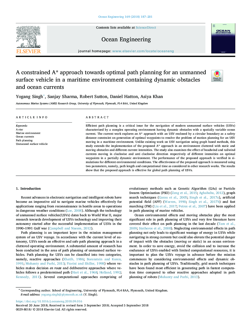 A constrained A* approach towards optimal path planning for an unmanned surface vehicle in a maritime environment containing dynamic obstacles and ocean currents