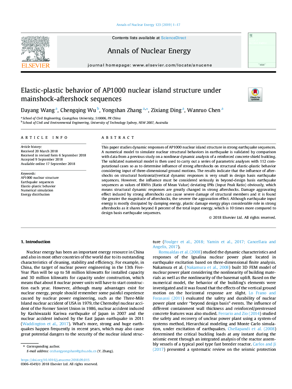 Elastic-plastic behavior of AP1000 nuclear island structure under mainshock-aftershock sequences