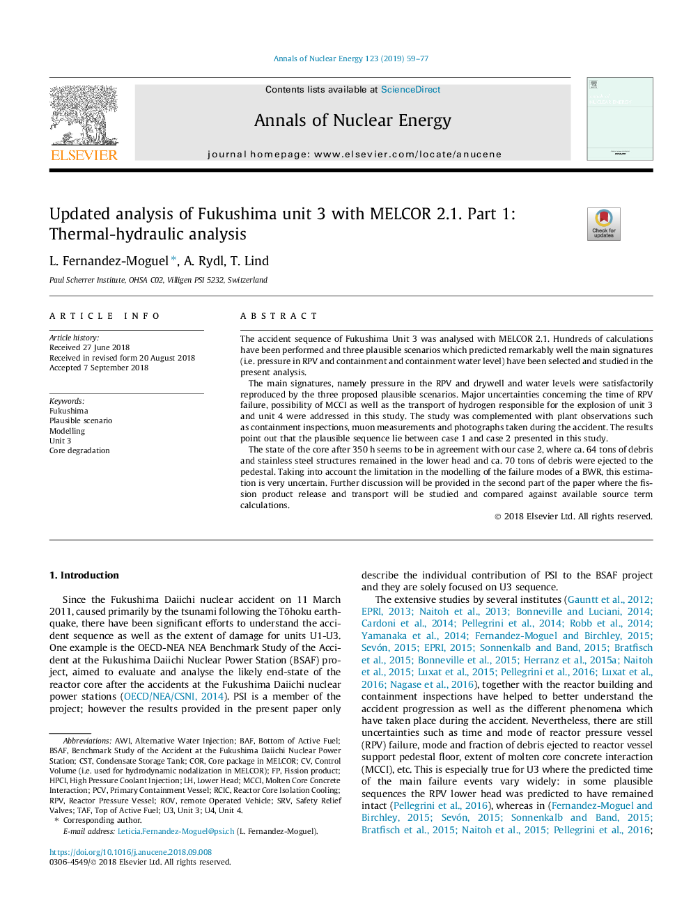 Updated analysis of Fukushima unit 3 with MELCOR 2.1. Part 1: Thermal-hydraulic analysis