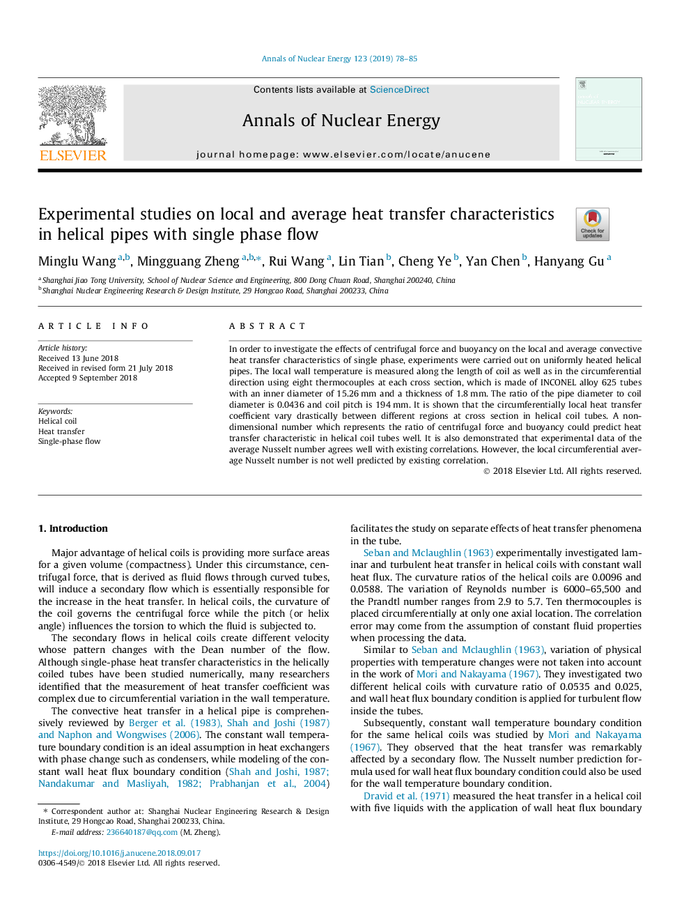 Experimental studies on local and average heat transfer characteristics in helical pipes with single phase flow