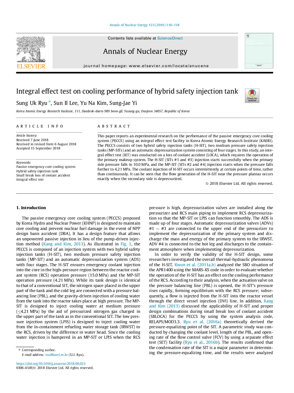 Integral effect test on cooling performance of hybrid safety injection tank