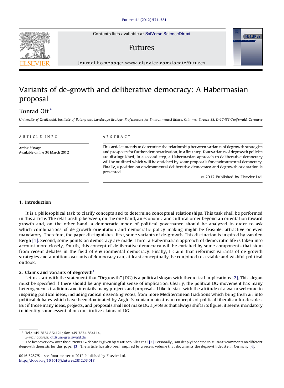 Variants of de-growth and deliberative democracy: A Habermasian proposal