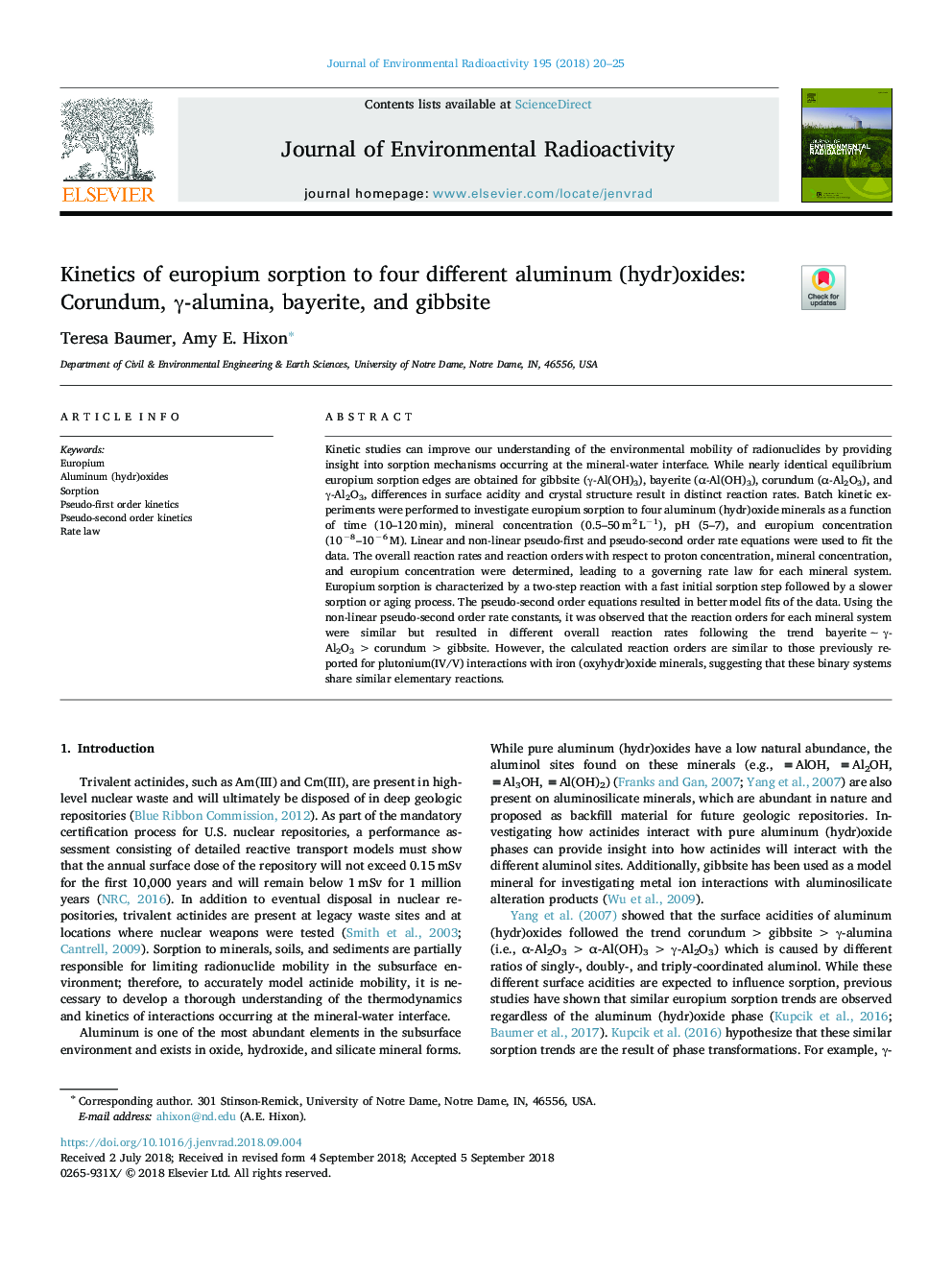 Kinetics of europium sorption to four different aluminum (hydr)oxides: Corundum, Î³-alumina, bayerite, and gibbsite