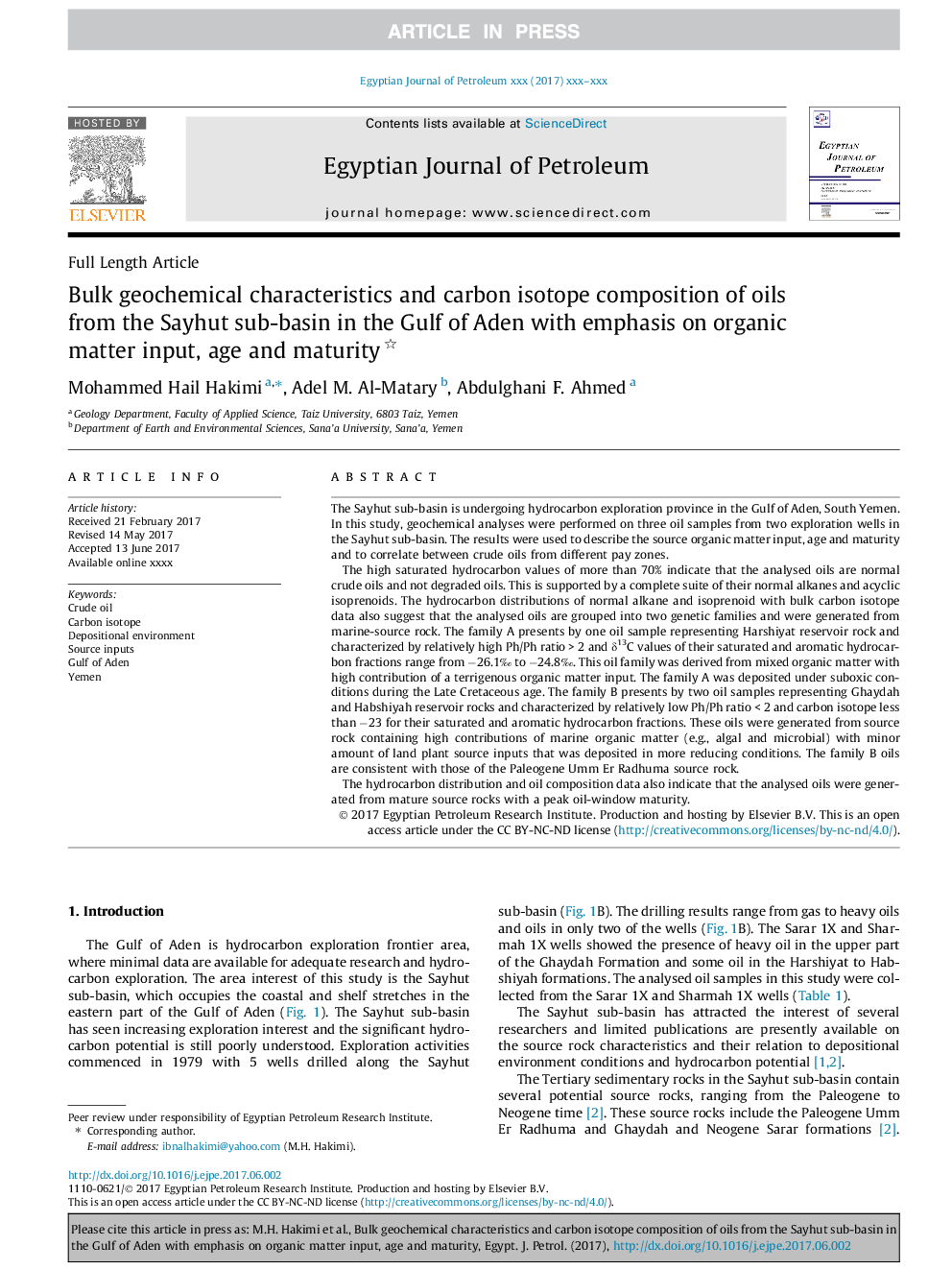 Bulk geochemical characteristics and carbon isotope composition of oils from the Sayhut sub-basin in the Gulf of Aden with emphasis on organic matter input, age and maturity