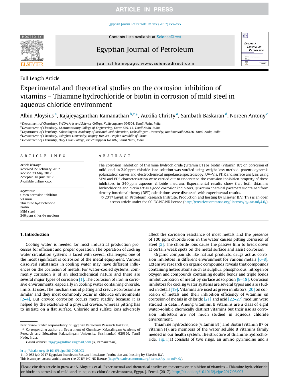 Experimental and theoretical studies on the corrosion inhibition of vitamins - Thiamine hydrochloride or biotin in corrosion of mild steel in aqueous chloride environment