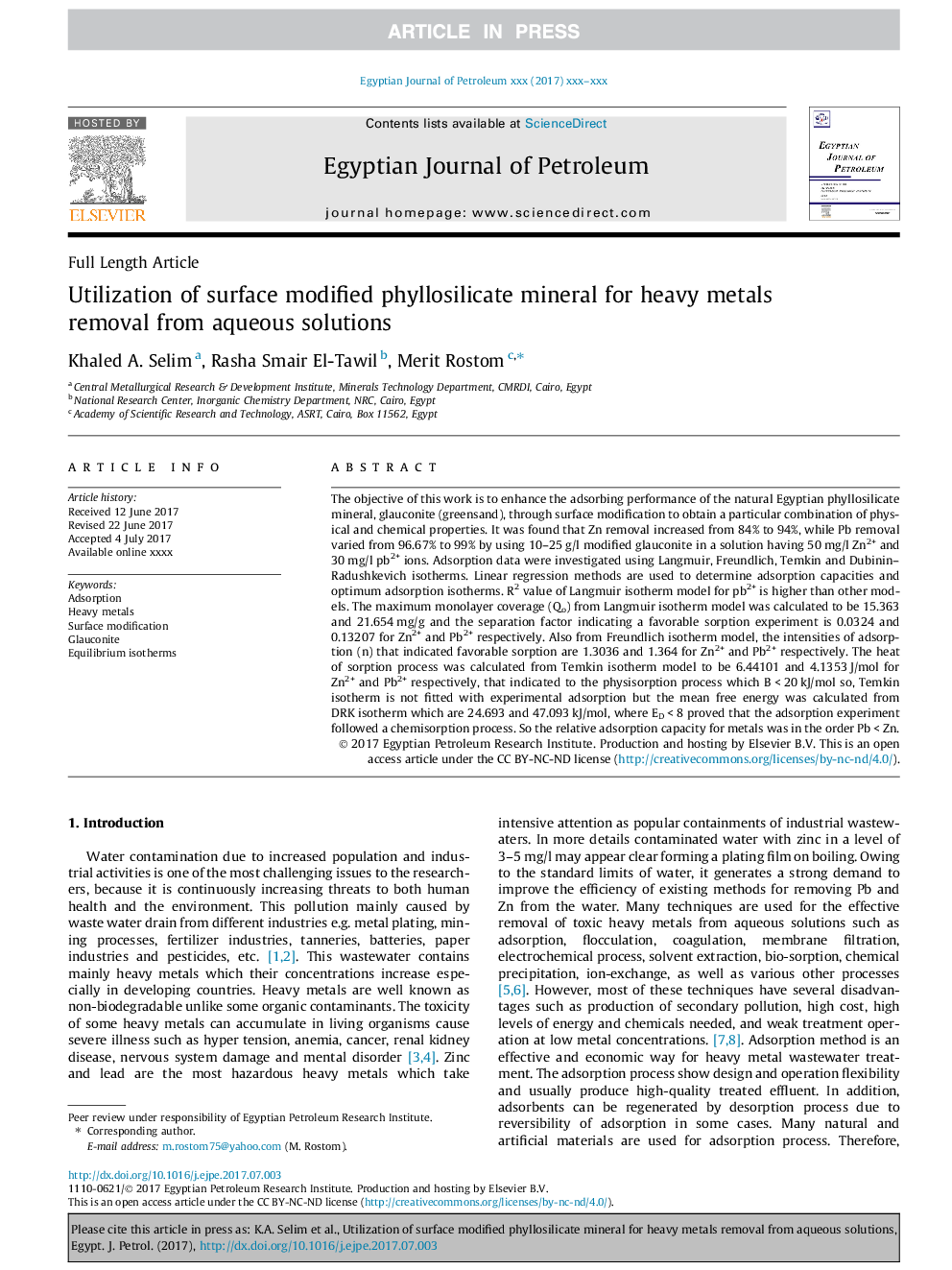 Utilization of surface modified phyllosilicate mineral for heavy metals removal from aqueous solutions