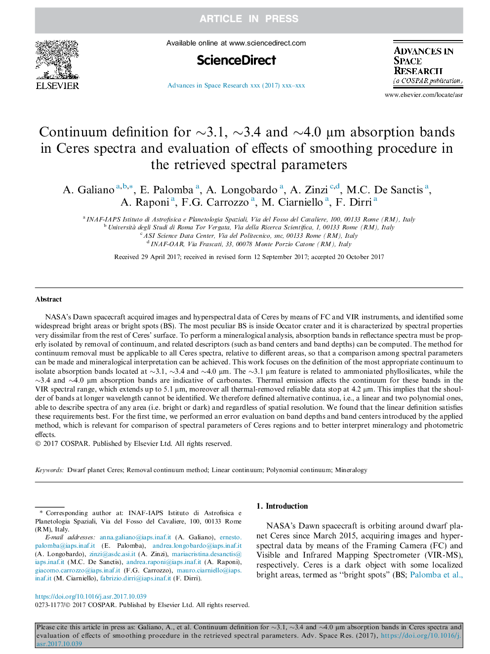 Continuum definition for â¼3.1, â¼3.4 and â¼4.0 Âµm absorption bands in Ceres spectra and evaluation of effects of smoothing procedure in the retrieved spectral parameters