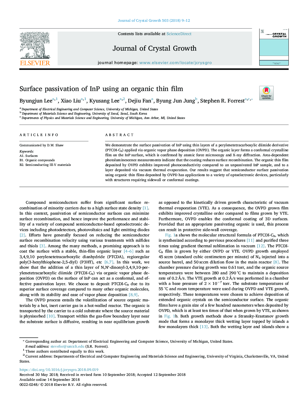 Surface passivation of InP using an organic thin film