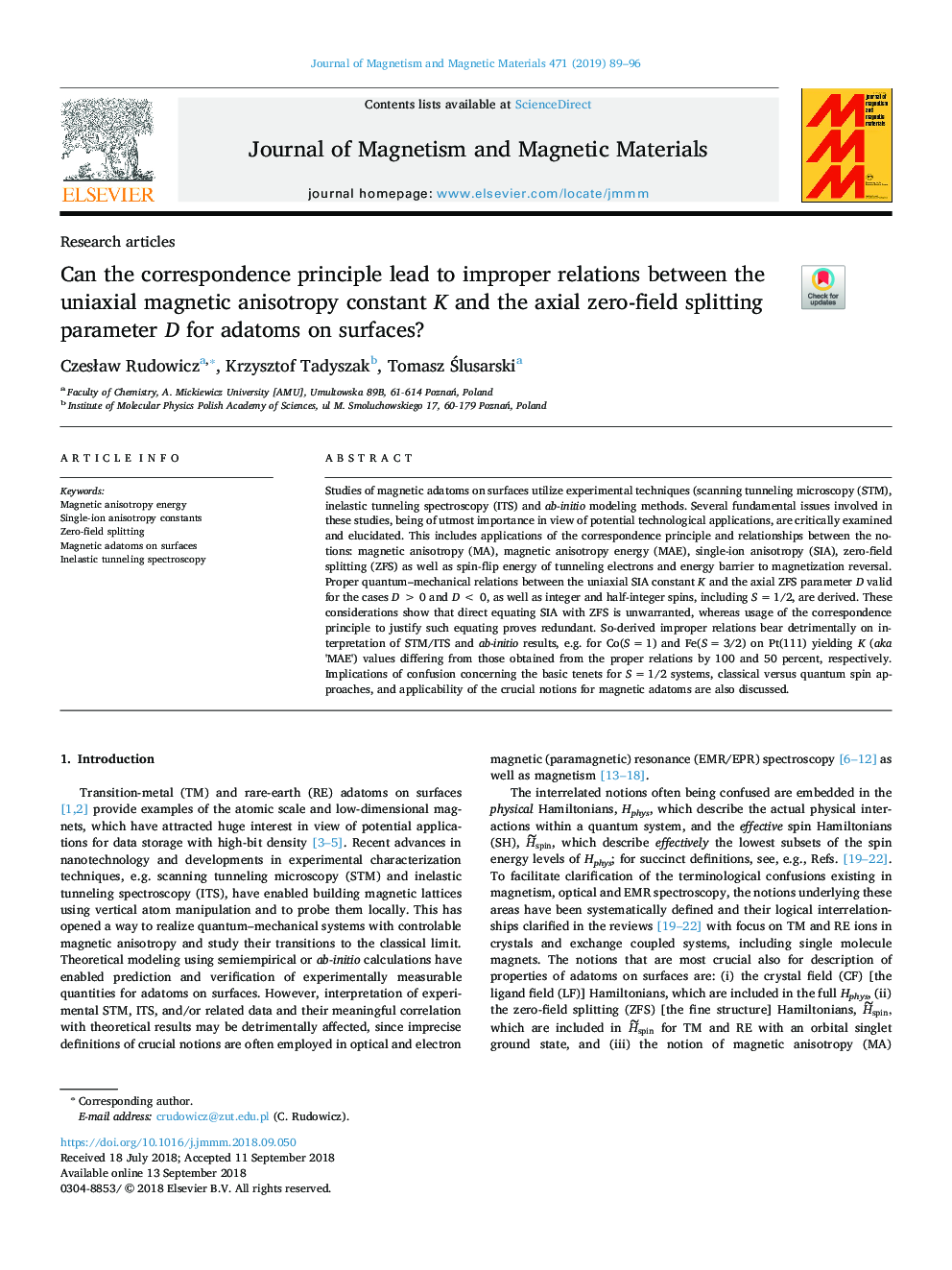 Can the correspondence principle lead to improper relations between the uniaxial magnetic anisotropy constant K and the axial zero-field splitting parameter D for adatoms on surfaces?