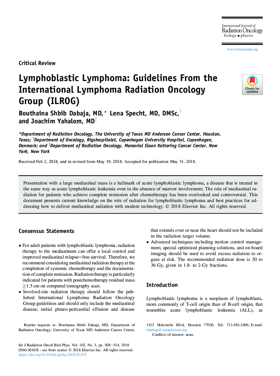 عکس صفحه اول مقاله: Lymphoblastic Lymphoma: Guidelines From the International Lymphoma Radiation Oncology Group (ILROG) Lymphoblastic Lymphoma: Guidelines From the International Lymphoma Radiation Oncology Group (ILROG)