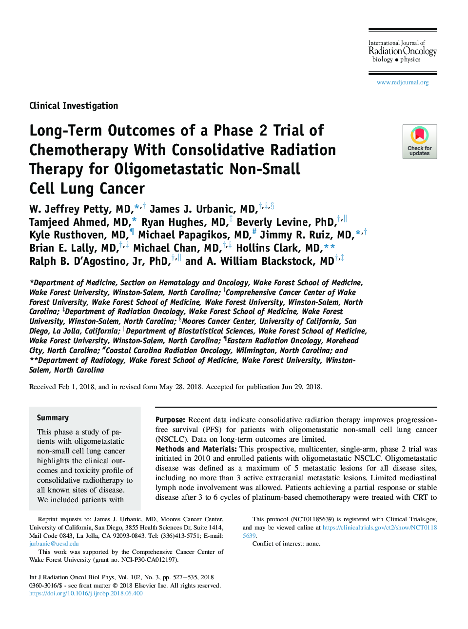 عکس صفحه اول مقاله: Long-Term Outcomes of a Phase 2 Trial of Chemotherapy With Consolidative Radiation Therapy for Oligometastatic Non-Small Cell Lung Cancer Long-Term Outcomes of a Phase 2 Trial of Chemotherapy With Consolidative Radiation Therapy for Oligometastatic Non-Small Cell Lung Cancer
