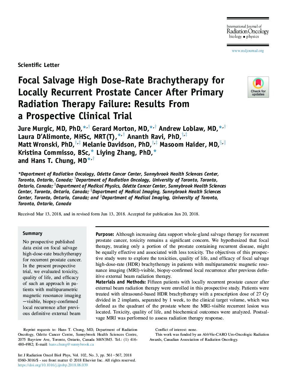 شکستگی فوکوس برانکاتالوگ با سرعت بالا برای سرطان مجدد پروستات محلی پس از نارسایی اولیه رادیوتراپی: نتایج از یک آزمایش بالینی بالقوه