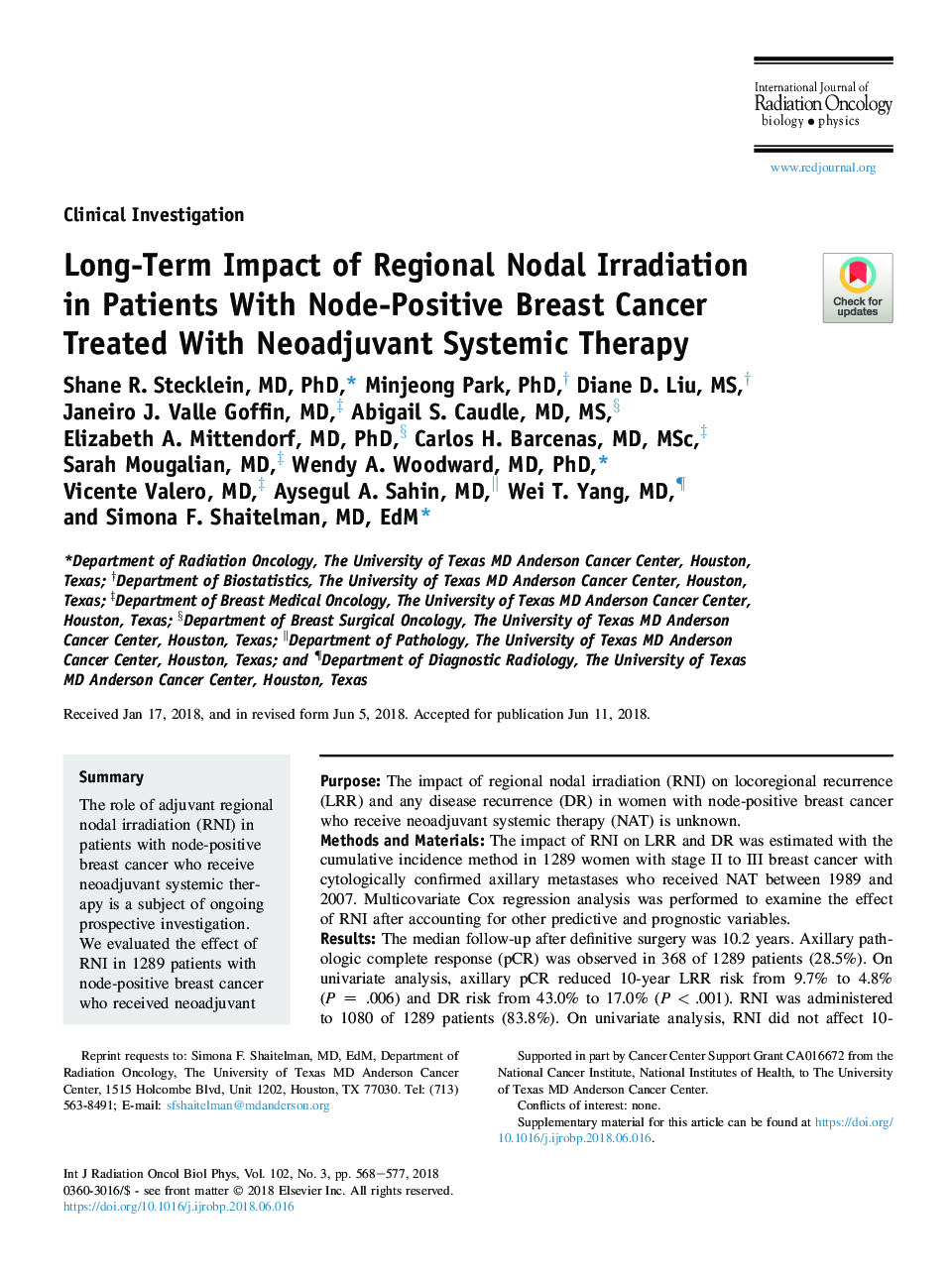 Long-Term Impact of Regional Nodal Irradiation in Patients With Node-Positive Breast Cancer Treated With Neoadjuvant Systemic Therapy