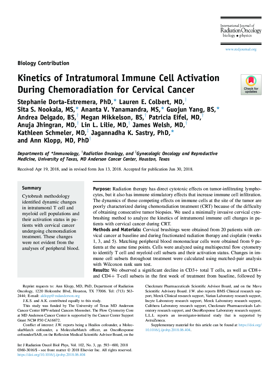عکس صفحه اول مقاله: Kinetics of Intratumoral Immune Cell Activation During Chemoradiation for Cervical Cancer Kinetics of Intratumoral Immune Cell Activation During Chemoradiation for Cervical Cancer