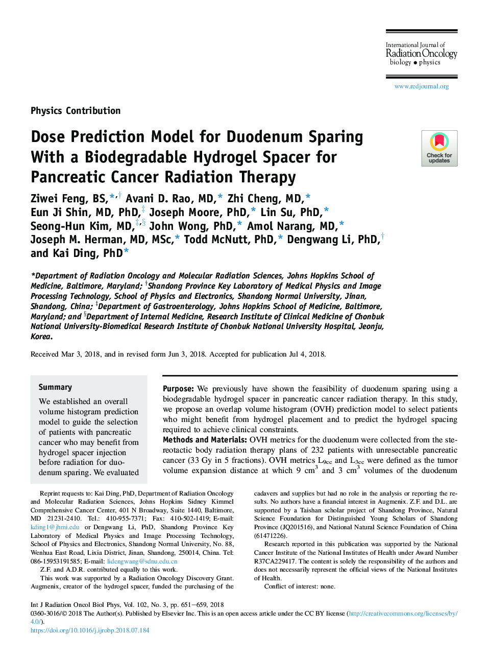 عکس صفحه اول مقاله: Dose Prediction Model for Duodenum Sparing With a Biodegradable Hydrogel Spacer for Pancreatic Cancer Radiation Therapy Dose Prediction Model for Duodenum Sparing With a Biodegradable Hydrogel Spacer for Pancreatic Cancer Radiation Therapy