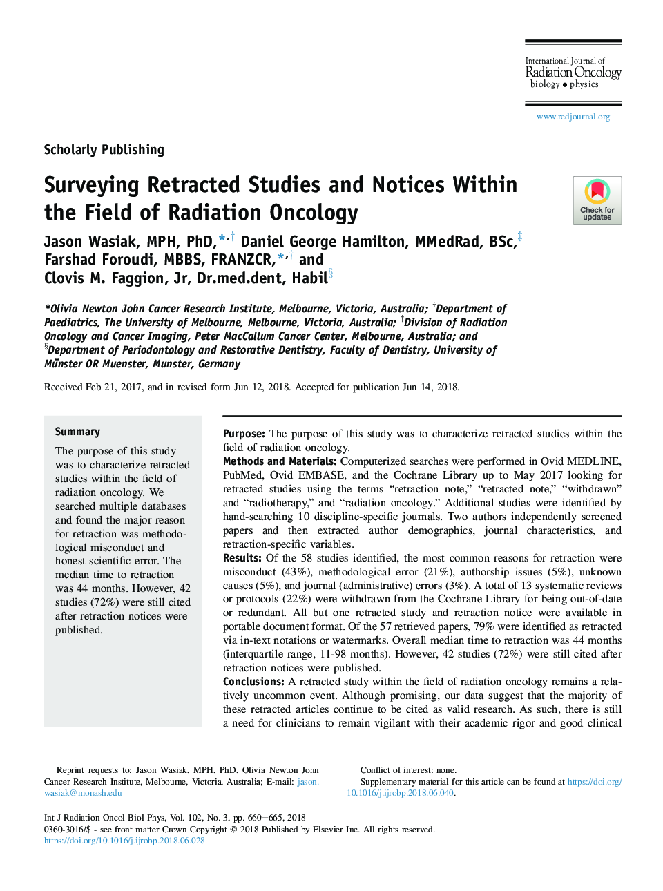 Surveying Retracted Studies and Notices Within the Field of Radiation Oncology