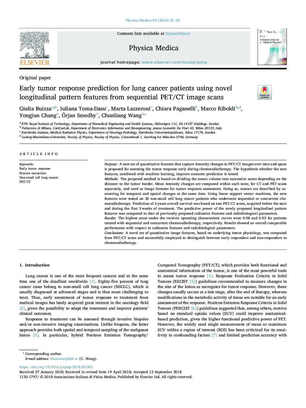 Early tumor response prediction for lung cancer patients using novel longitudinal pattern features from sequential PET/CT image scans