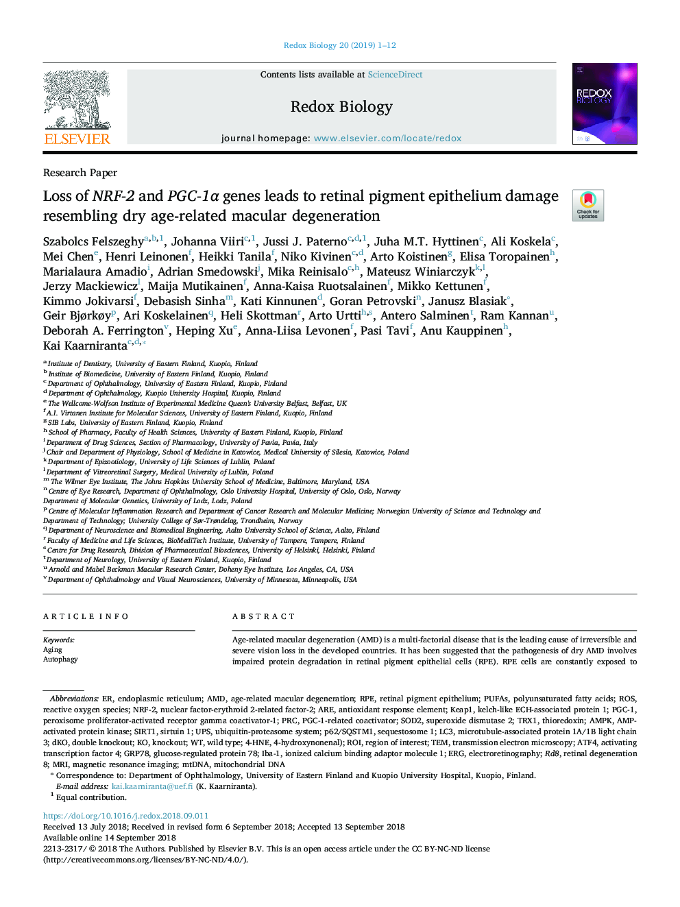 Loss of NRF-2 and PGC-1Î± genes leads to retinal pigment epithelium damage resembling dry age-related macular degeneration