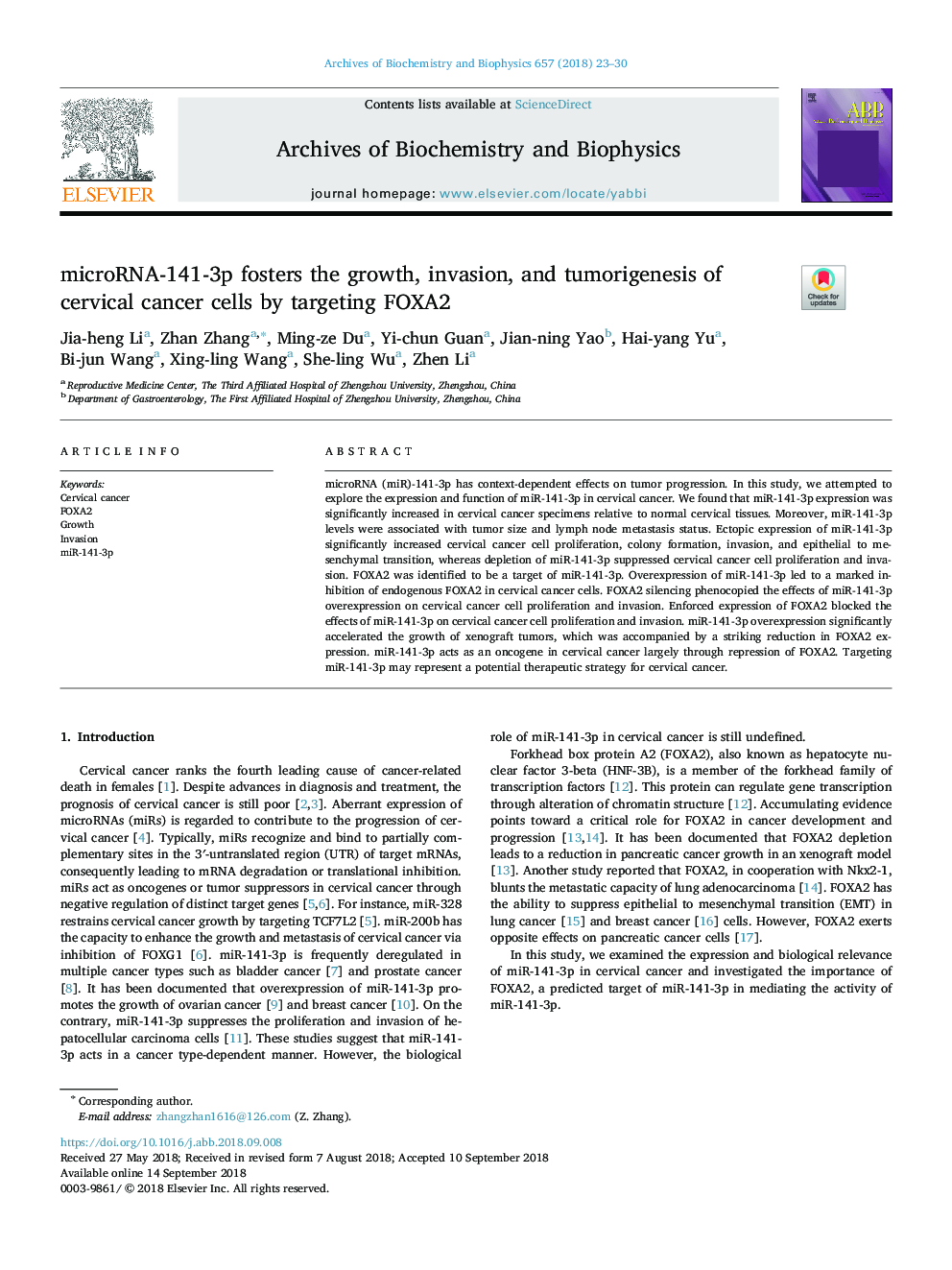 microRNA-141-3p fosters the growth, invasion, and tumorigenesis of cervical cancer cells by targeting FOXA2