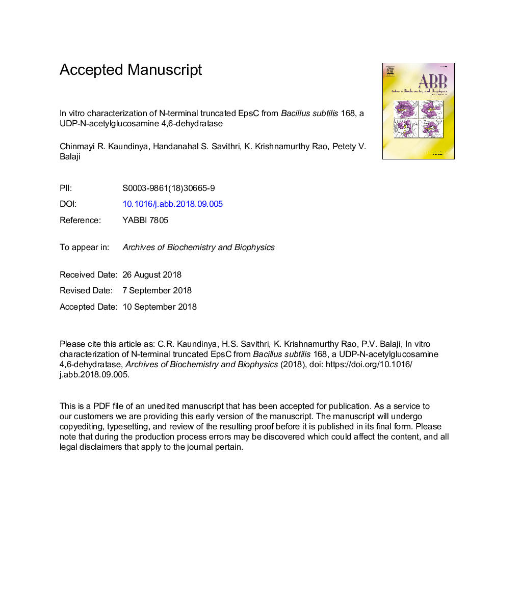 In vitro characterization of N-terminal truncated EpsC from Bacillus subtilis 168, a UDP-N-acetylglucosamine 4,6-dehydratase