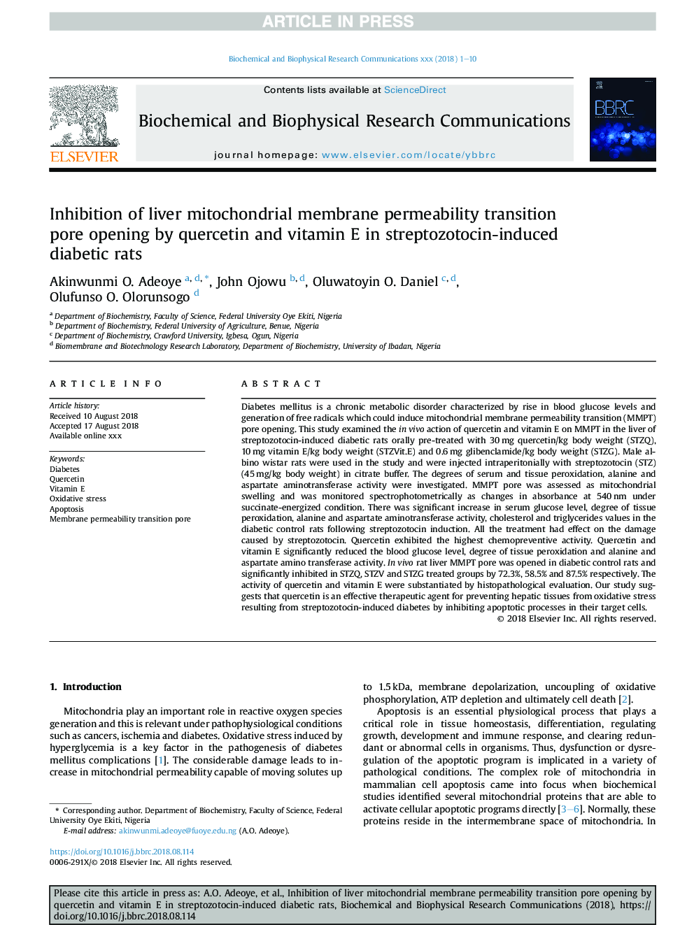 Inhibition of liver mitochondrial membrane permeability transition pore opening by quercetin and vitamin E in streptozotocin-induced diabetic rats