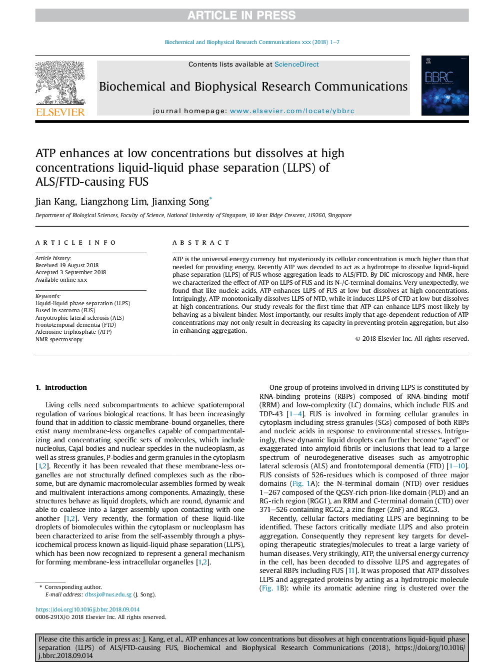 ATP enhances at low concentrations but dissolves at high concentrations liquid-liquid phase separation (LLPS) of ALS/FTD-causing FUS