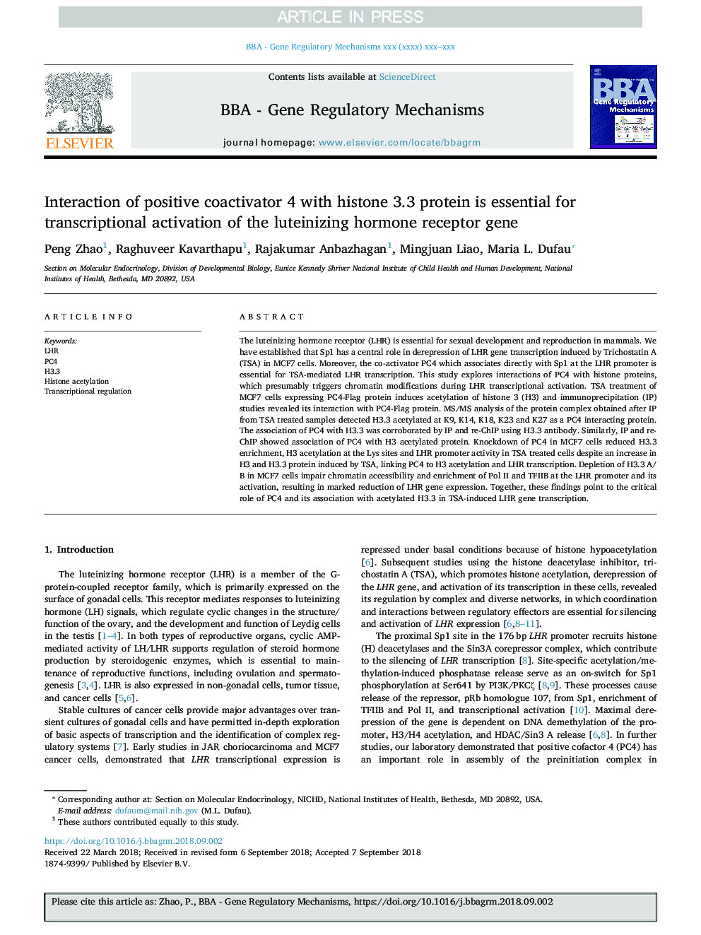 Interaction of positive coactivator 4 with histone 3.3 protein is essential for transcriptional activation of the luteinizing hormone receptor gene