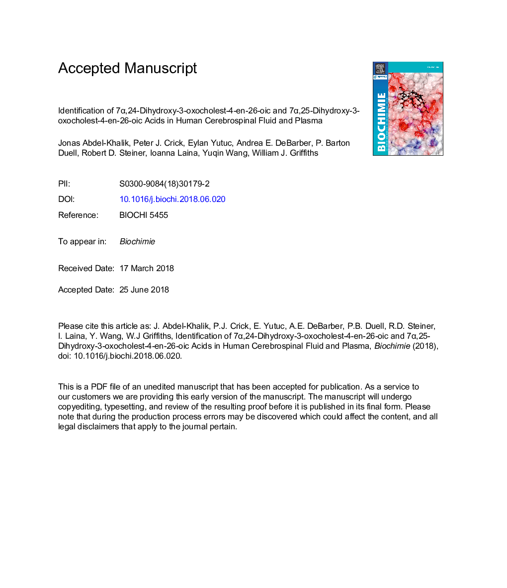 Identification of 7Î±,24-dihydroxy-3-oxocholest-4-en-26-oic and 7Î±,25-dihydroxy-3-oxocholest-4-en-26-oic acids in human cerebrospinal fluid and plasma