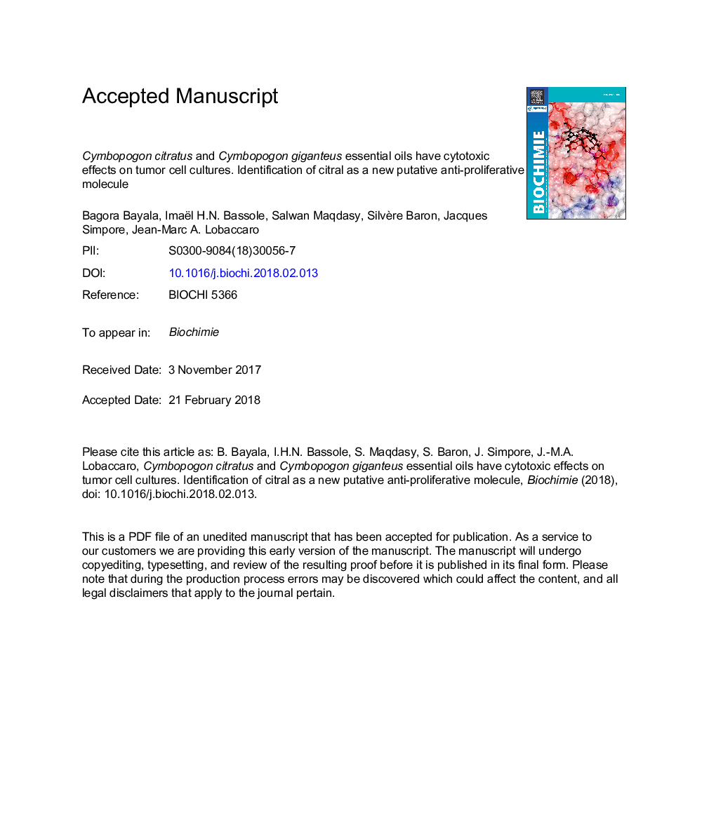 Cymbopogon citratus and Cymbopogon giganteus essential oils have cytotoxic effects on tumor cell cultures. Identification of citral as a new putative anti-proliferative molecule