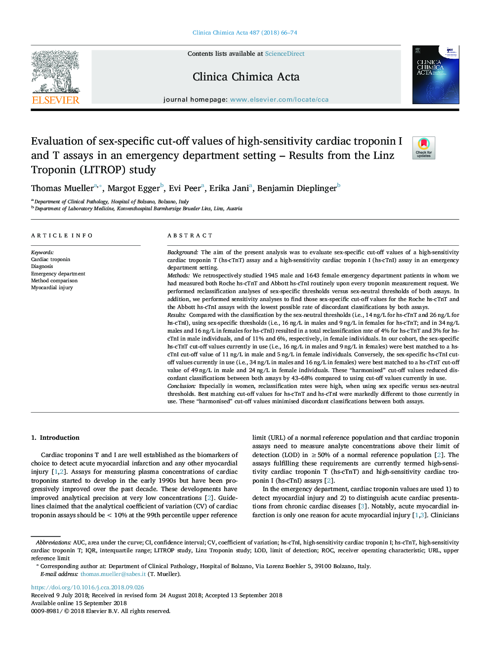 Evaluation of sex-specific cut-off values of high-sensitivity cardiac troponin I and T assays in an emergency department setting - Results from the Linz Troponin (LITROP) study