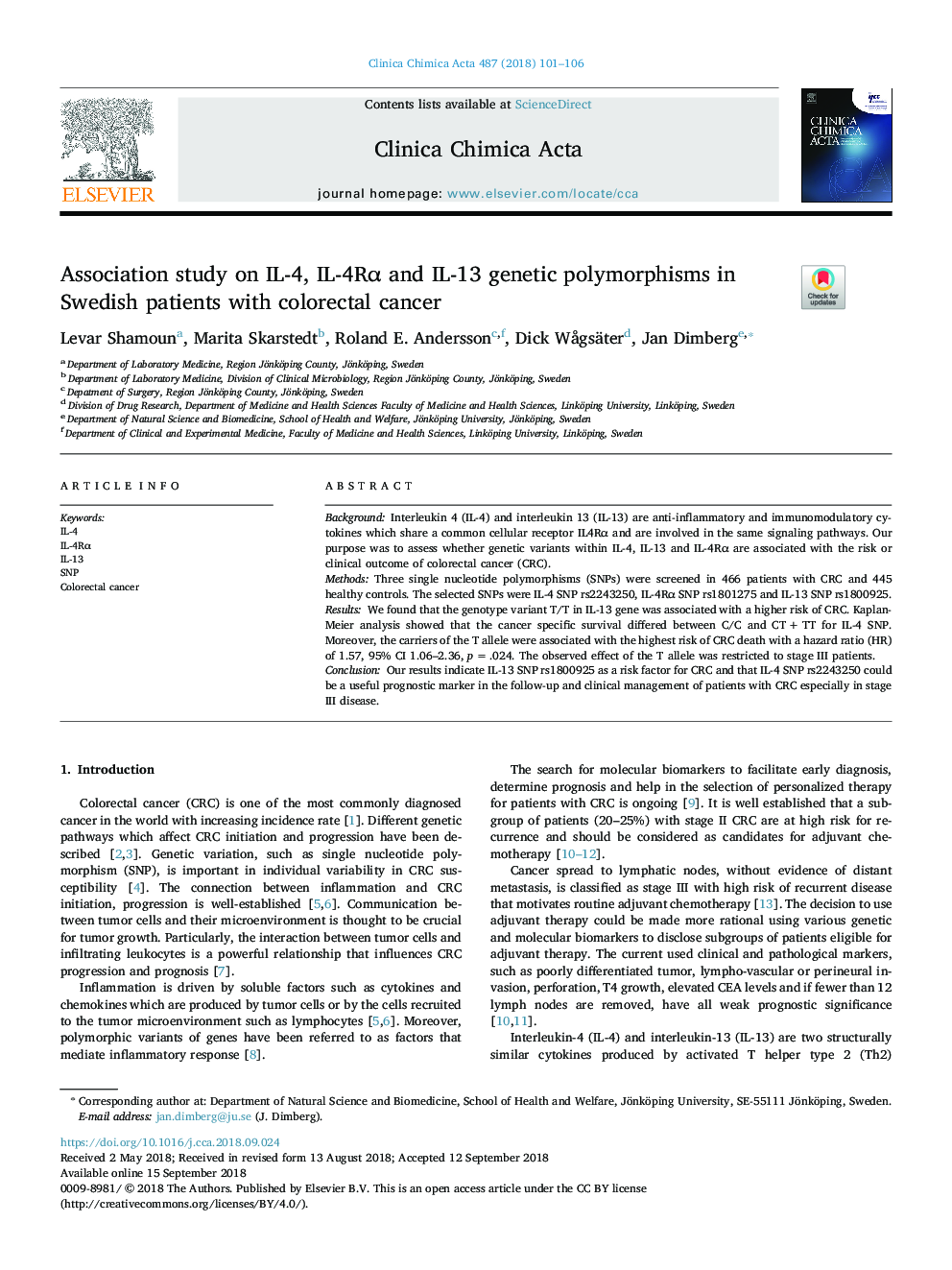 Association study on IL-4, IL-4RÎ± and IL-13 genetic polymorphisms in Swedish patients with colorectal cancer