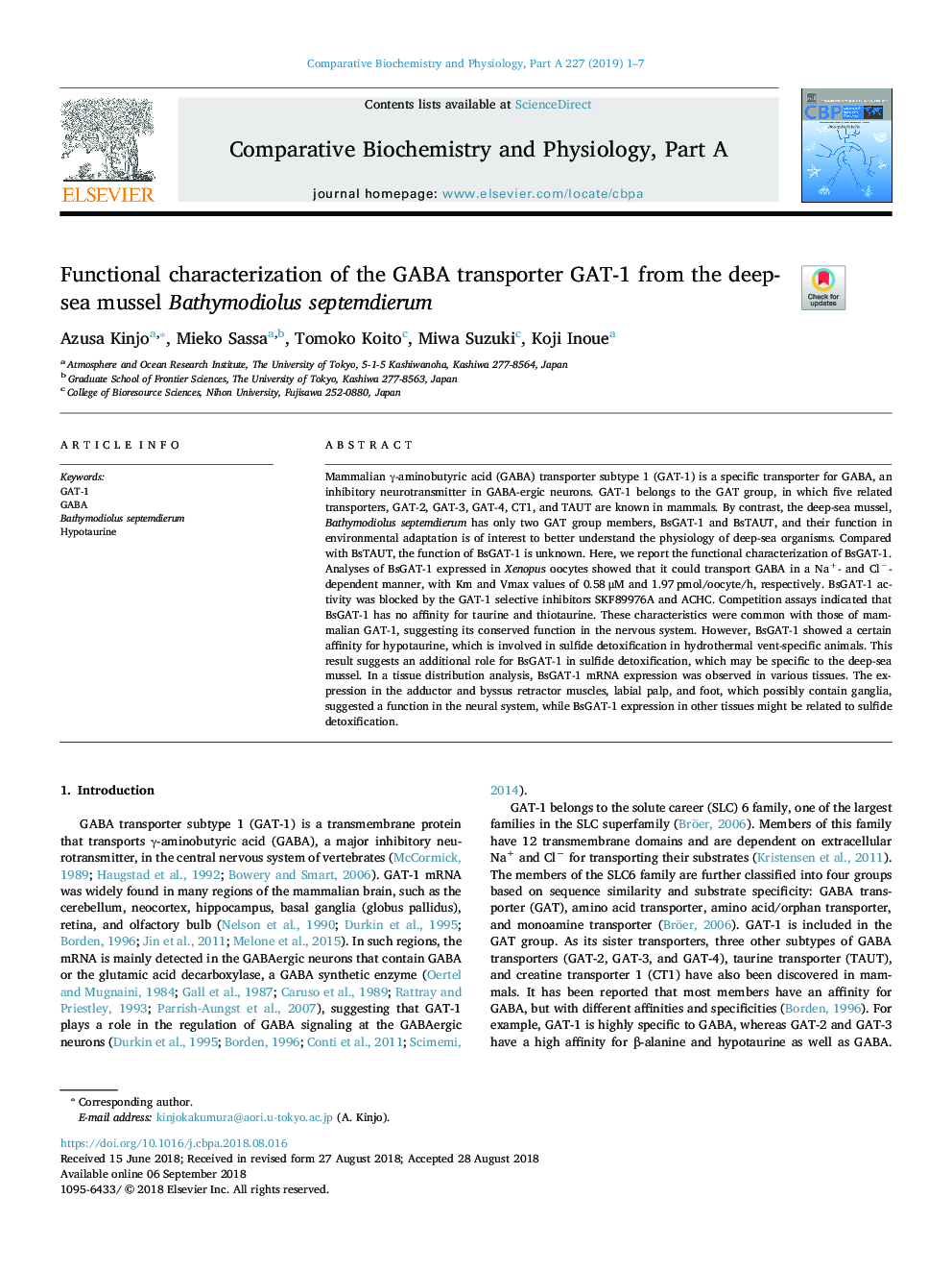 Functional characterization of the GABA transporter GAT-1 from the deep-sea mussel Bathymodiolus septemdierum