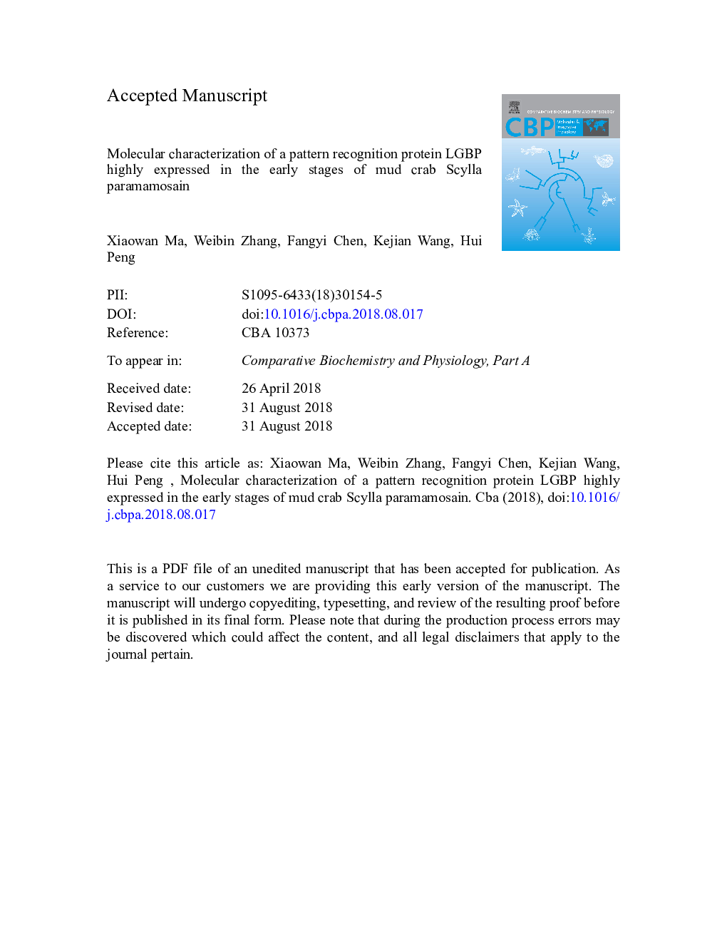 Molecular characterization of a pattern recognition protein LGBP highly expressed in the early stages of mud crab Scylla paramamosain