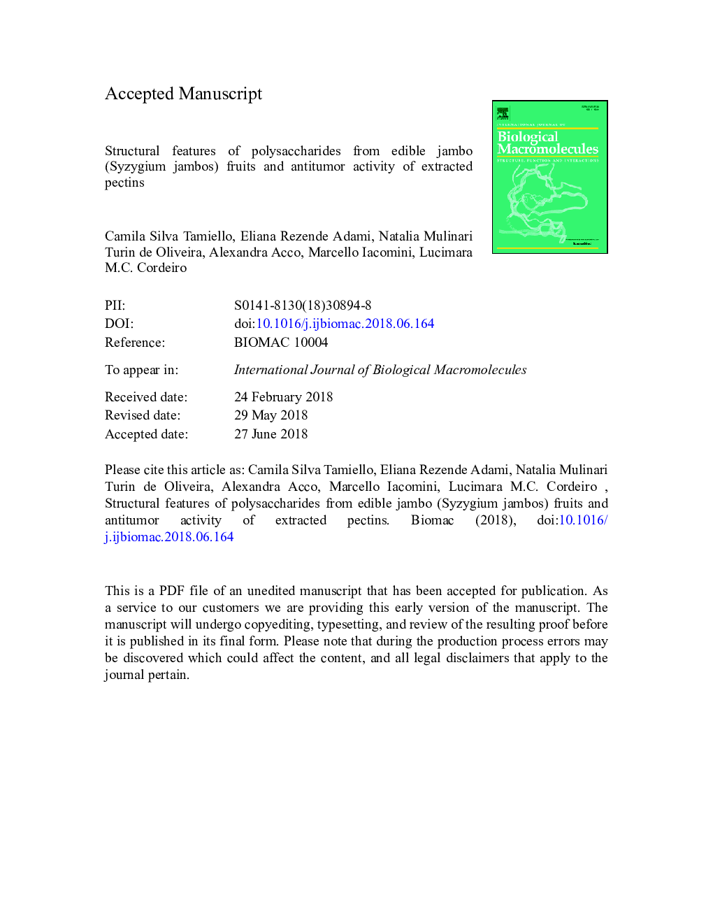 Structural features of polysaccharides from edible jambo (Syzygium jambos) fruits and antitumor activity of extracted pectins