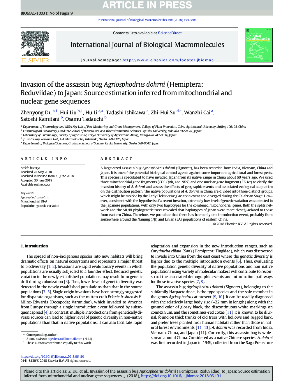 Invasion of the assassin bug Agriosphodrus dohrni (Hemiptera: Reduviidae) to Japan: Source estimation inferred from mitochondrial and nuclear gene sequences