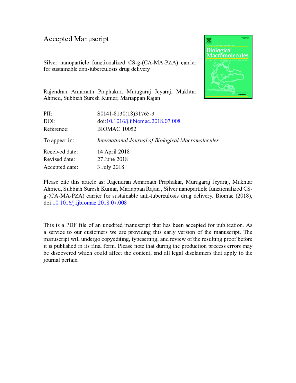 Silver nanoparticle functionalized CS-g-(CA-MA-PZA) carrier for sustainable anti-tuberculosis drug delivery