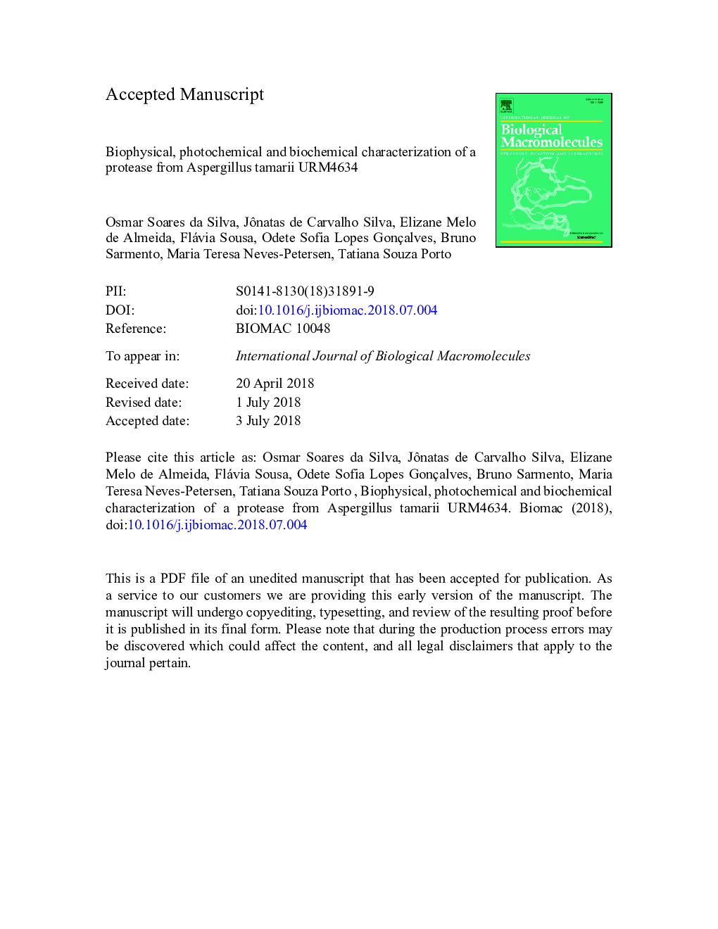 Biophysical, photochemical and biochemical characterization of a protease from Aspergillus tamarii URM4634