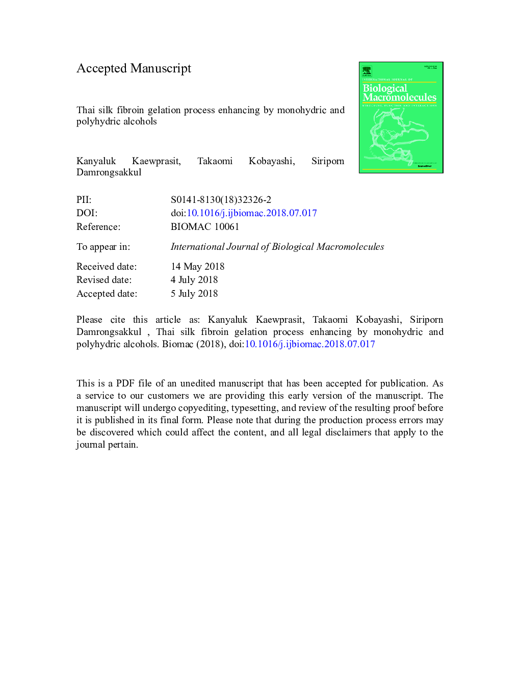 Thai silk fibroin gelation process enhancing by monohydric and polyhydric alcohols