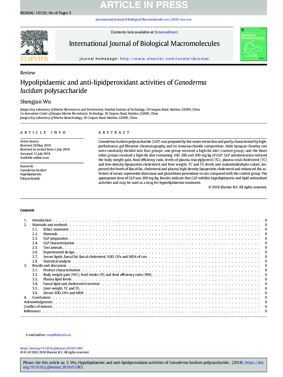 Hypolipidaemic and anti-lipidperoxidant activities of Ganoderma lucidum polysaccharide