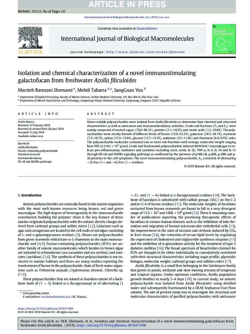 Isolation and chemical characterization of a novel immunostimulating galactofucan from freshwater Azolla filiculoides