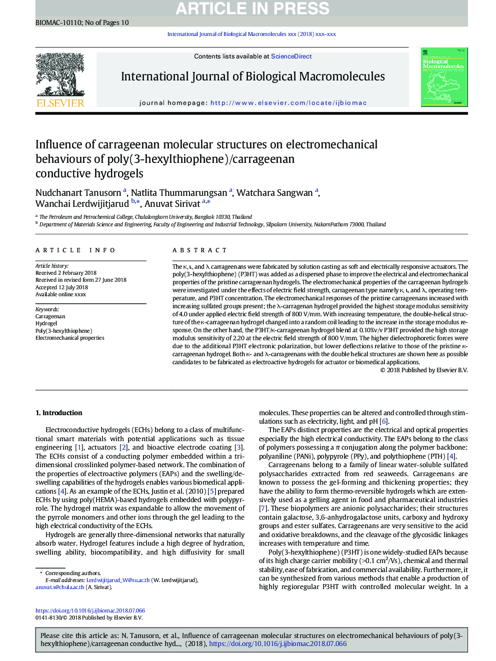 Influence of carrageenan molecular structures on electromechanical behaviours of poly(3-hexylthiophene)/carrageenan conductive hydrogels