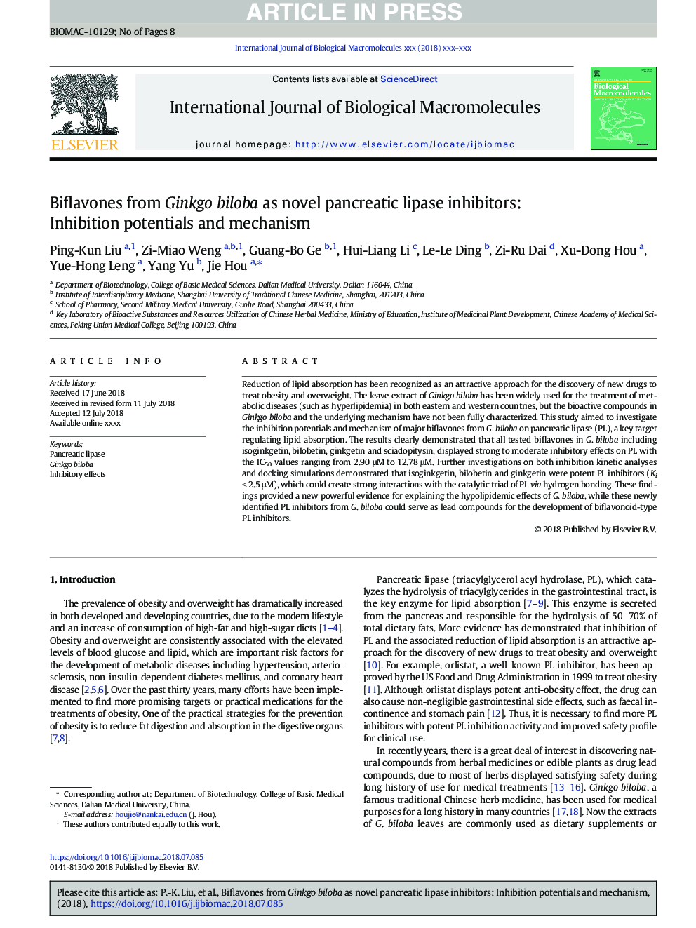 Biflavones from Ginkgo biloba as novel pancreatic lipase inhibitors: Inhibition potentials and mechanism