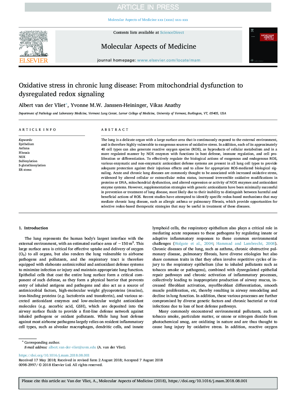 Oxidative stress in chronic lung disease: From mitochondrial dysfunction to dysregulated redox signaling