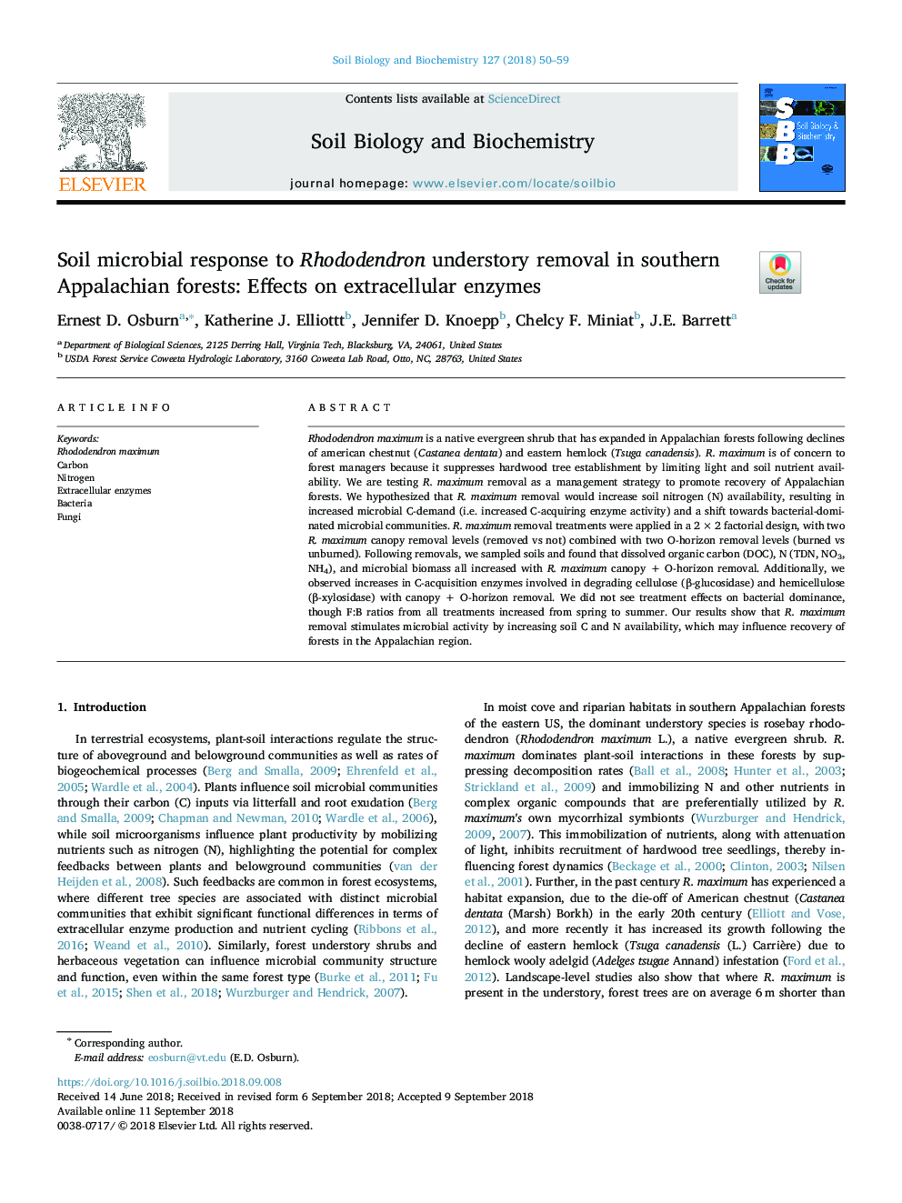 Soil microbial response to Rhododendron understory removal in southern Appalachian forests: Effects on extracellular enzymes