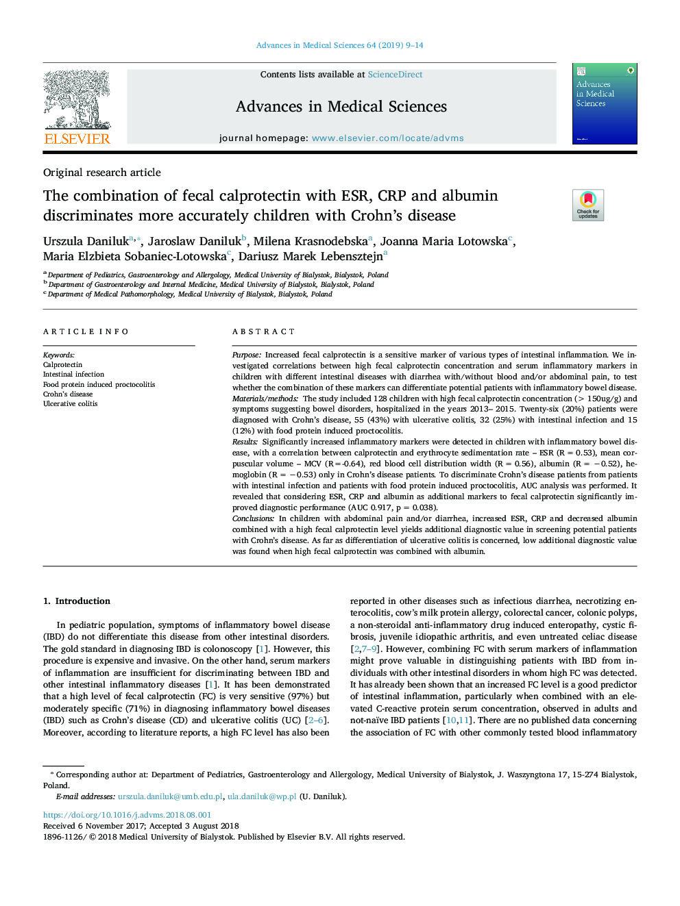 The combination of fecal calprotectin with ESR, CRP and albumin discriminates more accurately children with Crohn's disease