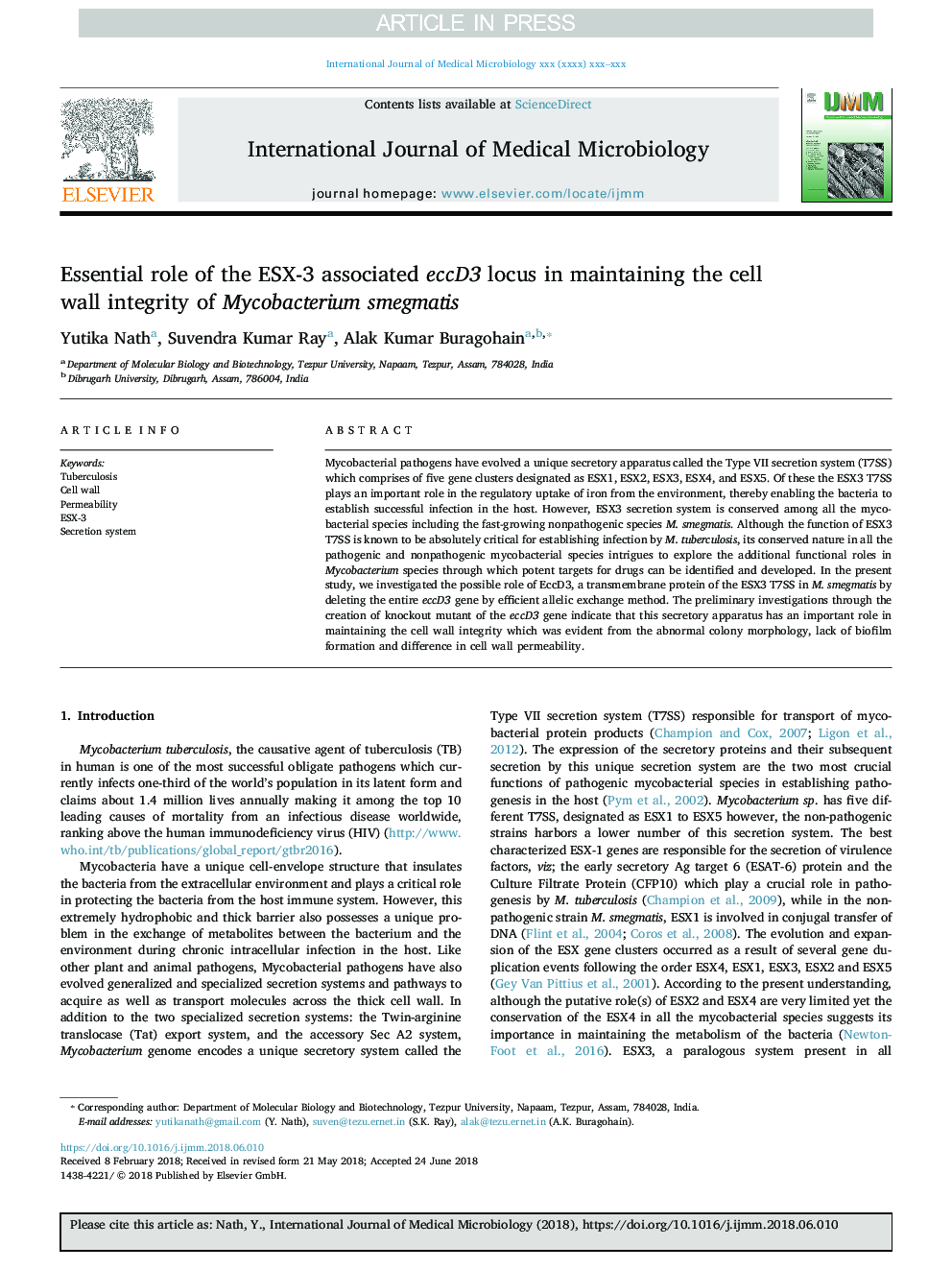 Essential role of the ESX-3 associated eccD3 locus in maintaining the cell wall integrity of Mycobacterium smegmatis