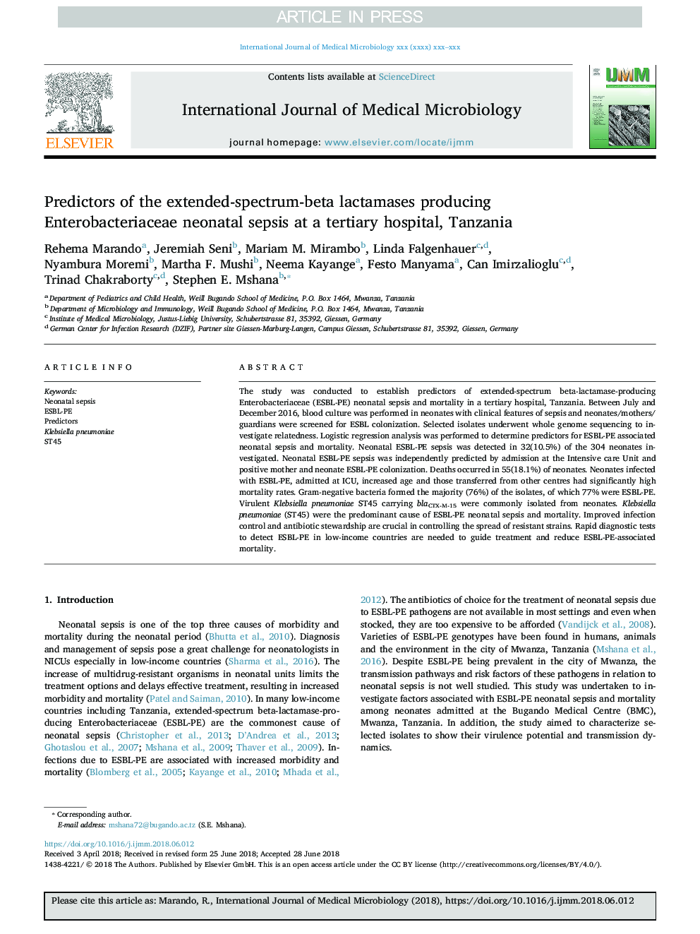 Predictors of the extended-spectrum-beta lactamases producing Enterobacteriaceae neonatal sepsis at a tertiary hospital, Tanzania