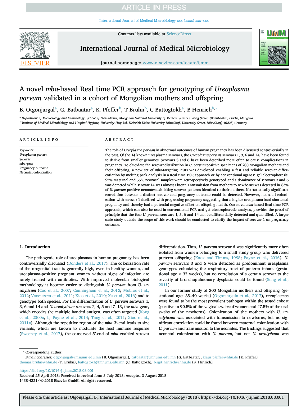 A novel mba-based Real time PCR approach for genotyping of Ureaplasma parvum validated in a cohort of Mongolian mothers and offspring