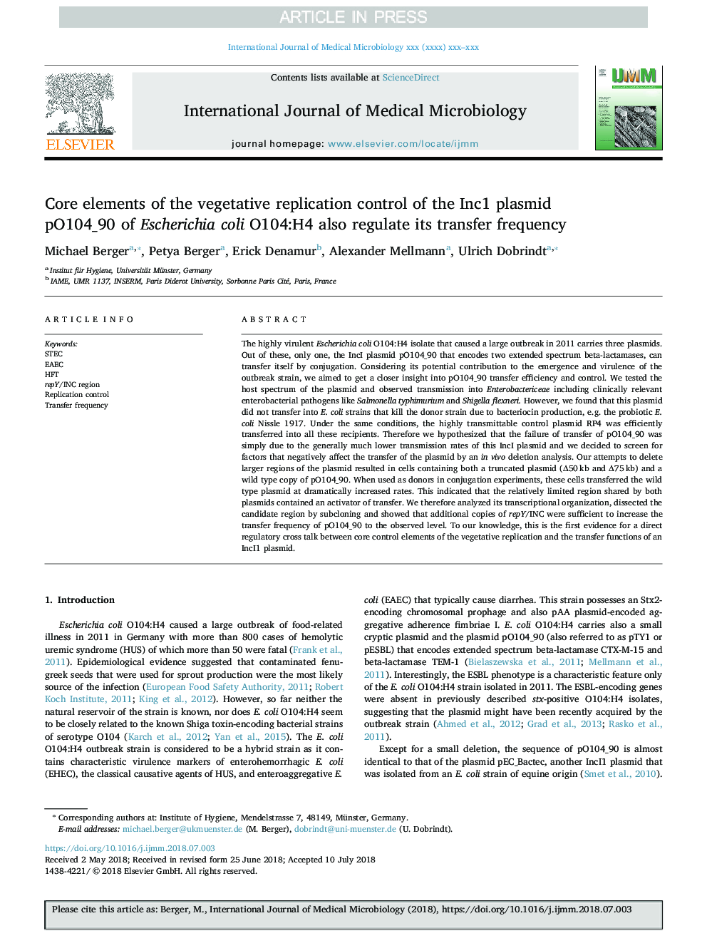 Core elements of the vegetative replication control of the Inc1 plasmid pO104_90 of Escherichia coli O104:H4 also regulate its transfer frequency