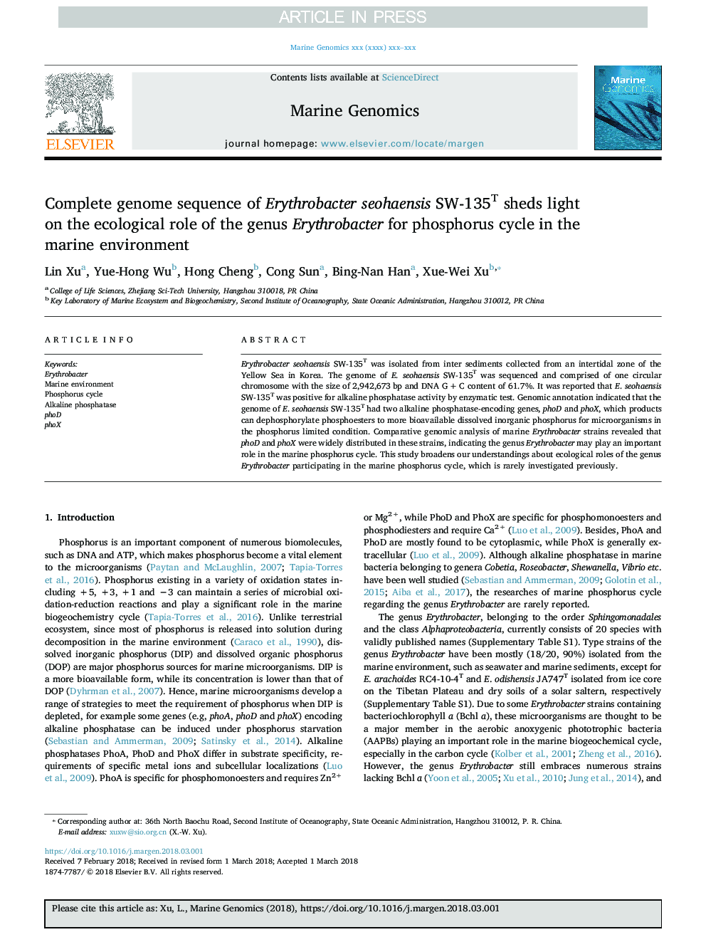 Complete genome sequence of Erythrobacter seohaensis SW-135T sheds light on the ecological role of the genus Erythrobacter for phosphorus cycle in the marine environment